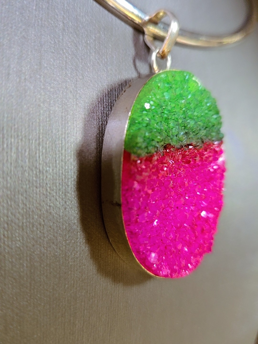 Green and Pink Watermelon Crystal Druzy Oval Pendant In 925 Silver - Picture 3 of 15